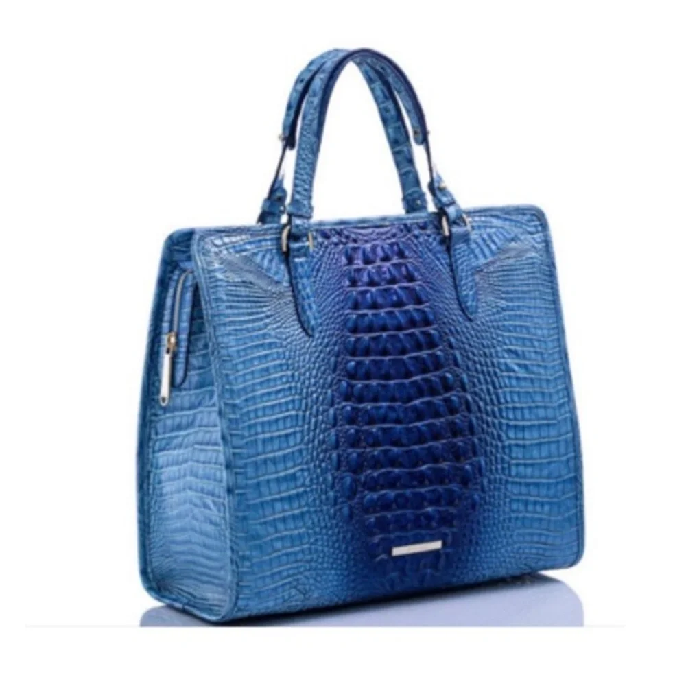 NWT BRAHMIN TIA ELECTRIC BLUE OMBRE MELBOURNE CROC-EMBOSSED LEATHER SATCHEL‎